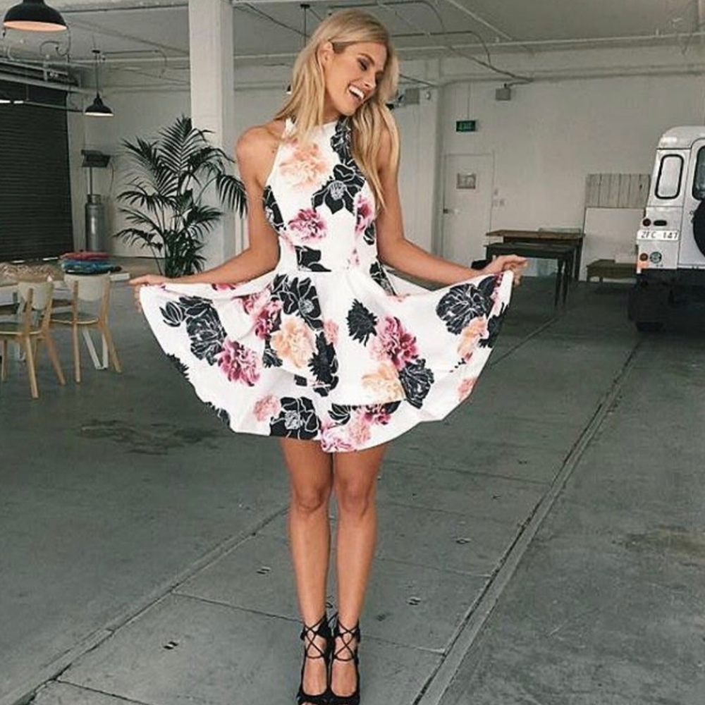 Windsor White, Pink, Navy, & Peach Floral Halter Neck Mini Dress. #SW